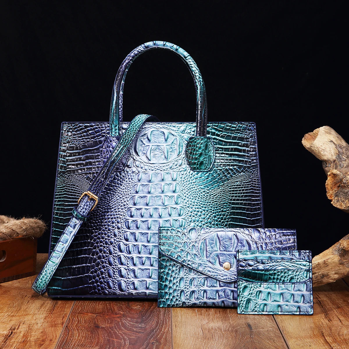 3 Pcs Crocodile Pattern Handbag & Purses Set, Multi-functional Vintage Top Handle Crossbody Bag & Business Clutch Bag & Card Coi