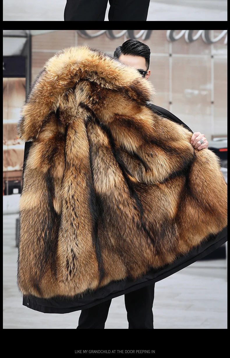 Faux Fur Coat Loose OverCoat Thick Warm Men Plush Coats Fox Hair Inner Liner Detachable Collar Long Fur Parkas Fur Jacket