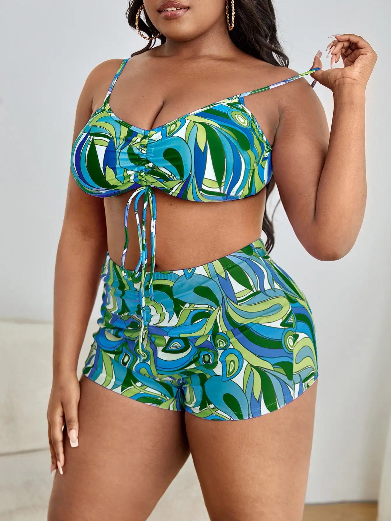 3 Pieces Large Size Bikini 2025 Printed Swimsuit Women & Kimono Drawstring Front Swimwear Female Bathing Swimming Suit Beachwear
