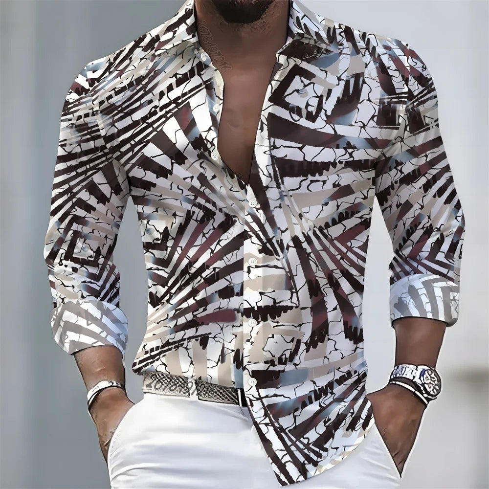 New men's artistic printed long-sleeved shirt, retro color-blocked design, casual shirt, versatile and stylish top for commuting