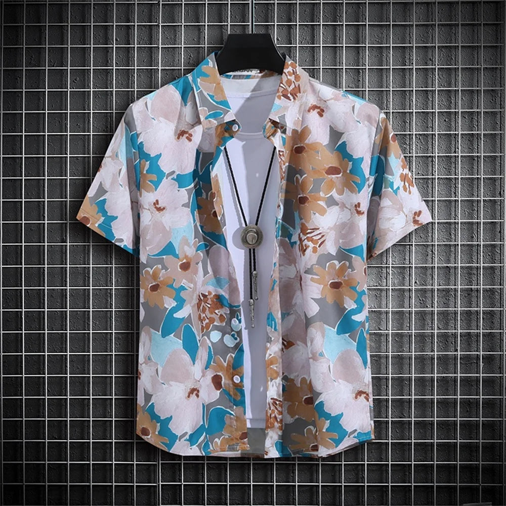 Stripe Men's Shirt Flower 2025 3d Print Shirt Casual Short-sleeved Tops Beach Party Shirts Man Hawaiian Shirt Male Clothes Loose