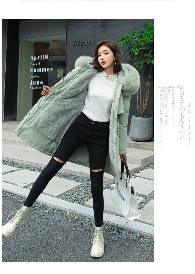 Winter Parka 2024 New Women Jacket Clothes Long Coat Wool Liner Hooded Jacket Fur Collar Thick Warm Snow Wear Fashion Parka