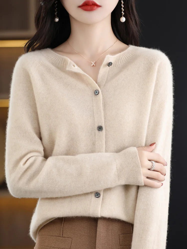 Long Sleeve 100% Merino Wool Sweaters Cashmere Cardigan Spring Autumn Women O-Neck Knitwear Tops Clothing Fashion Basic Tops