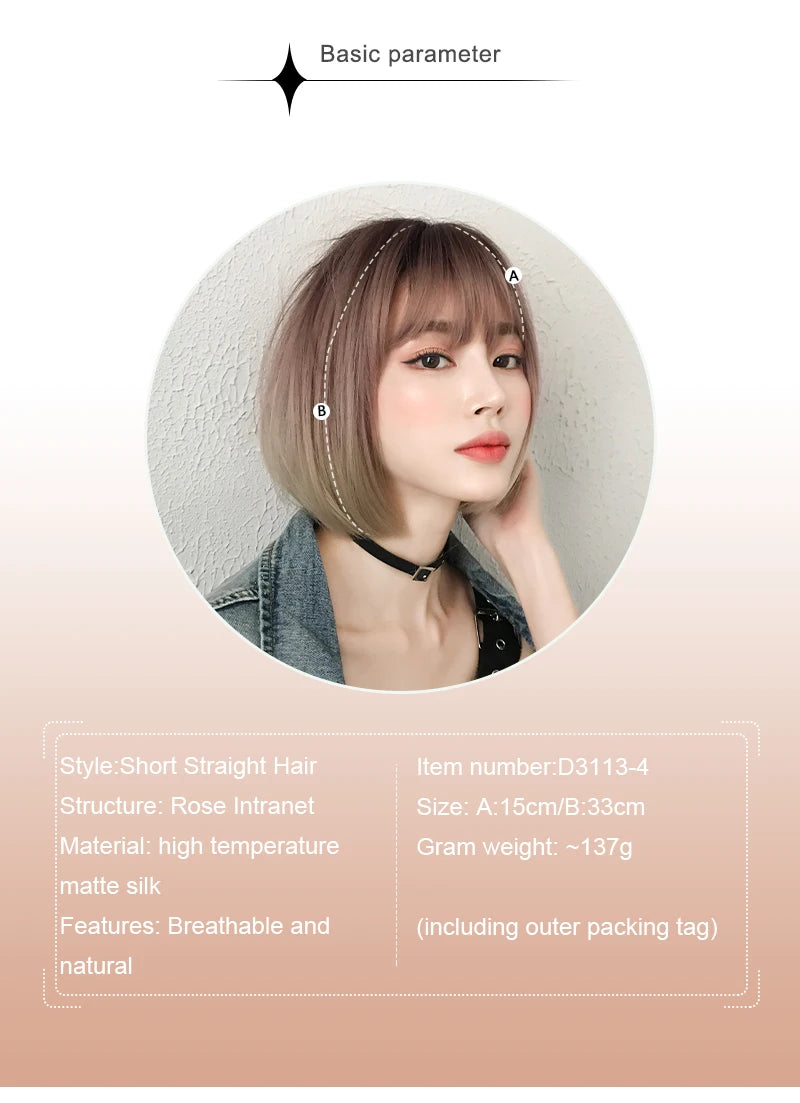 Pixie Cut Wigs Synthetic Short Straight Pink Brown Bob Wigs with Dark Roots High Density Layered Hair Wigs with Curtain Bangs