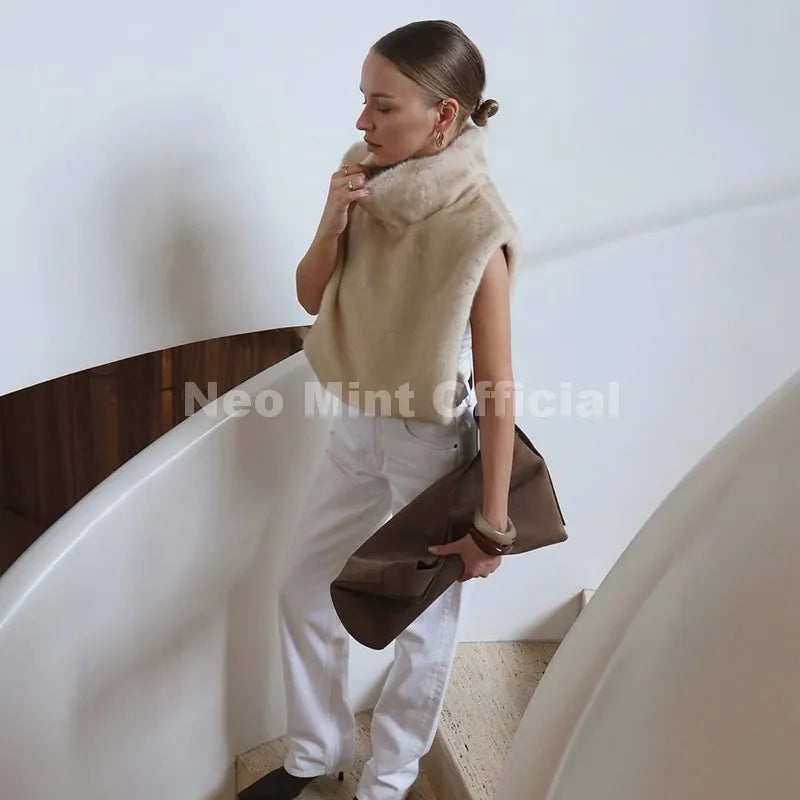 Neo Mint 2025 Brand Fashion Faux Fur Sable Vest Crop Top Autumn Winter Turtleneck Eco Mink Fur Tank Tops Sleeveless Jacket Coat