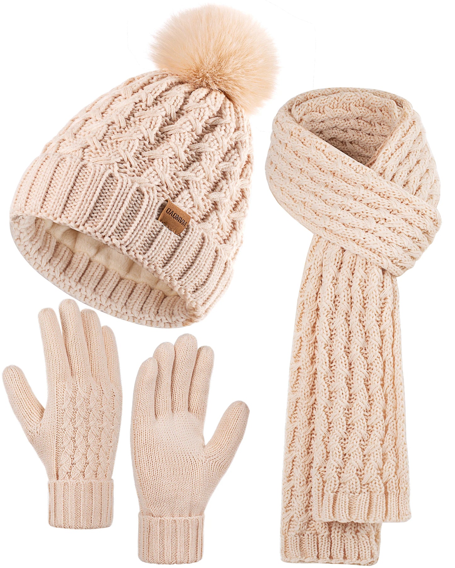 Womens Winter Beanie Hat Touchscreen Gloves Long Neck Scarf Set Warm Knit Caps