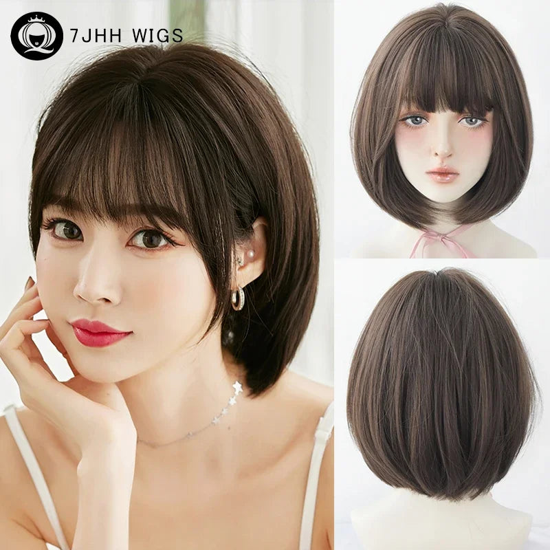 Pixie Cut Wigs Synthetic Short Straight Pink Brown Bob Wigs with Dark Roots High Density Layered Hair Wigs with Curtain Bangs