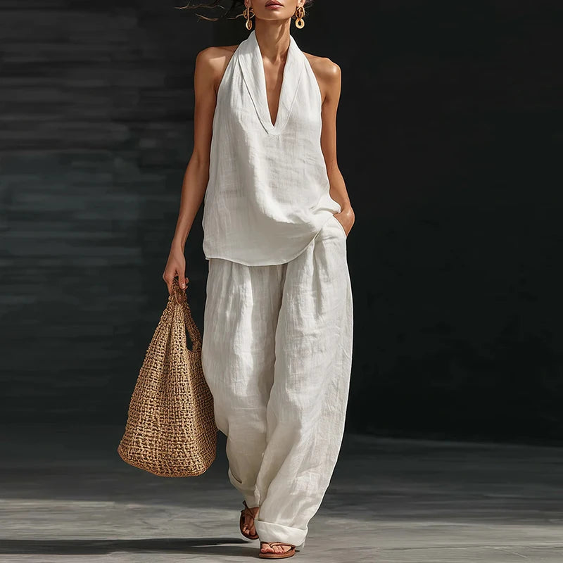 Summer Women Sleeveless Shirt Halter Vest High Waist Pocket Loose Pants Suit Women Casual Two Piece Female Loungewear Ses
