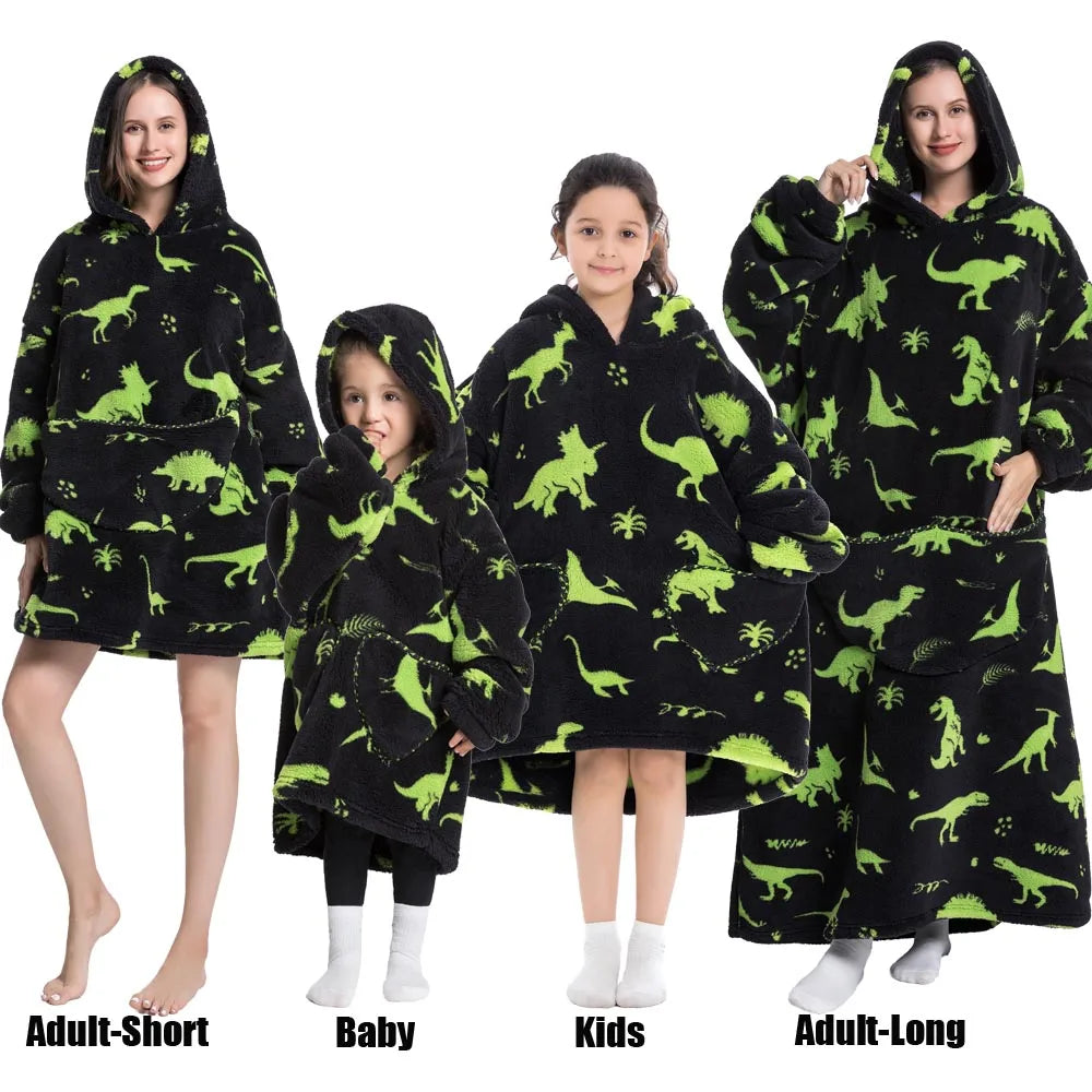 Extra Long Winter Hoodies Sherpa TV Blanket Plush Fleece Family Matching Outfits Sweatshirts Avocado Dinosaur Homewear Oversized