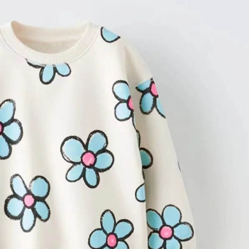 Kids Girl Sweatshirt Childish Flower Bow Print Round Neck Cotton Sweatshirts Autumn Winter Long Sleeve T-Shirt Children Clothes