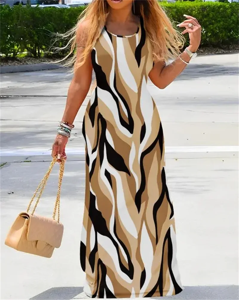 Women 2024 New Dress Denim Look Print U-Neck Maxi Dress