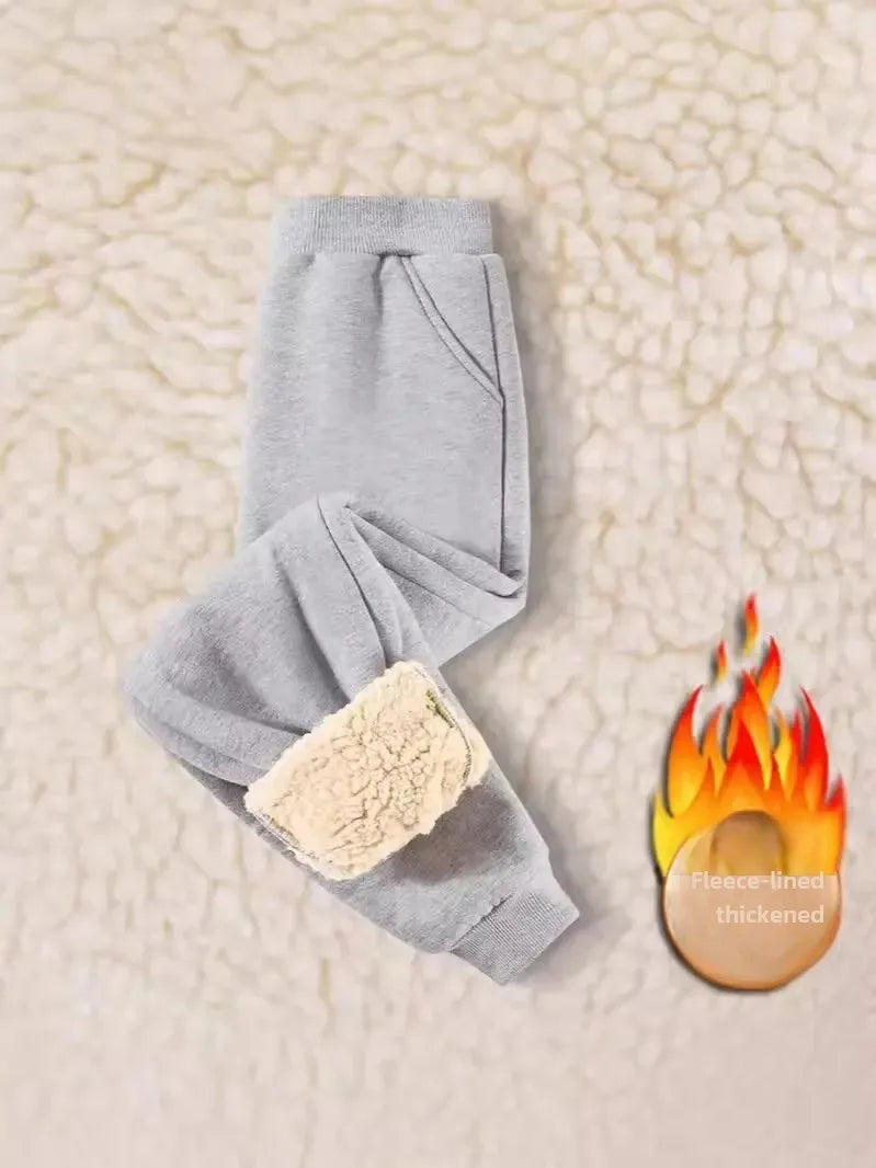 Kids Autumn/Winter Warm Solid Color Sports Long Pants Fleece-Lined Casual Trousers Mid to Large Child Fleece Pants