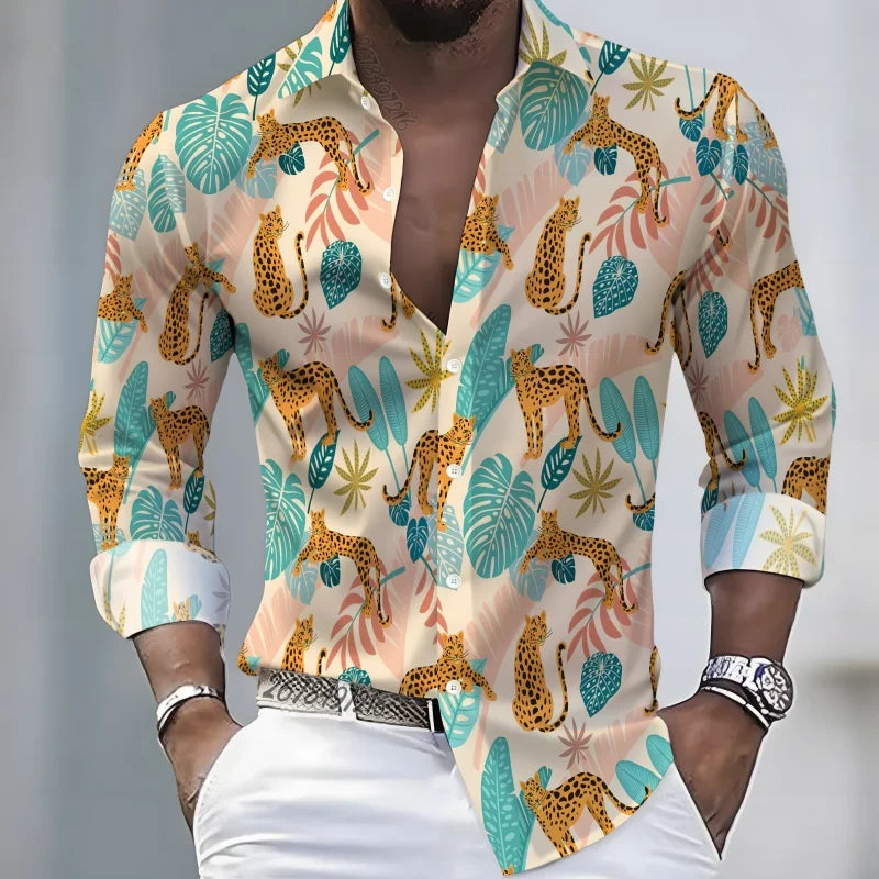 2026 New Hawaiian Style Coconut Tree Print Long-Sleeve Shirt, Stylish Print Men's Casual Vacation Loose Collar Hawaiian Shirt