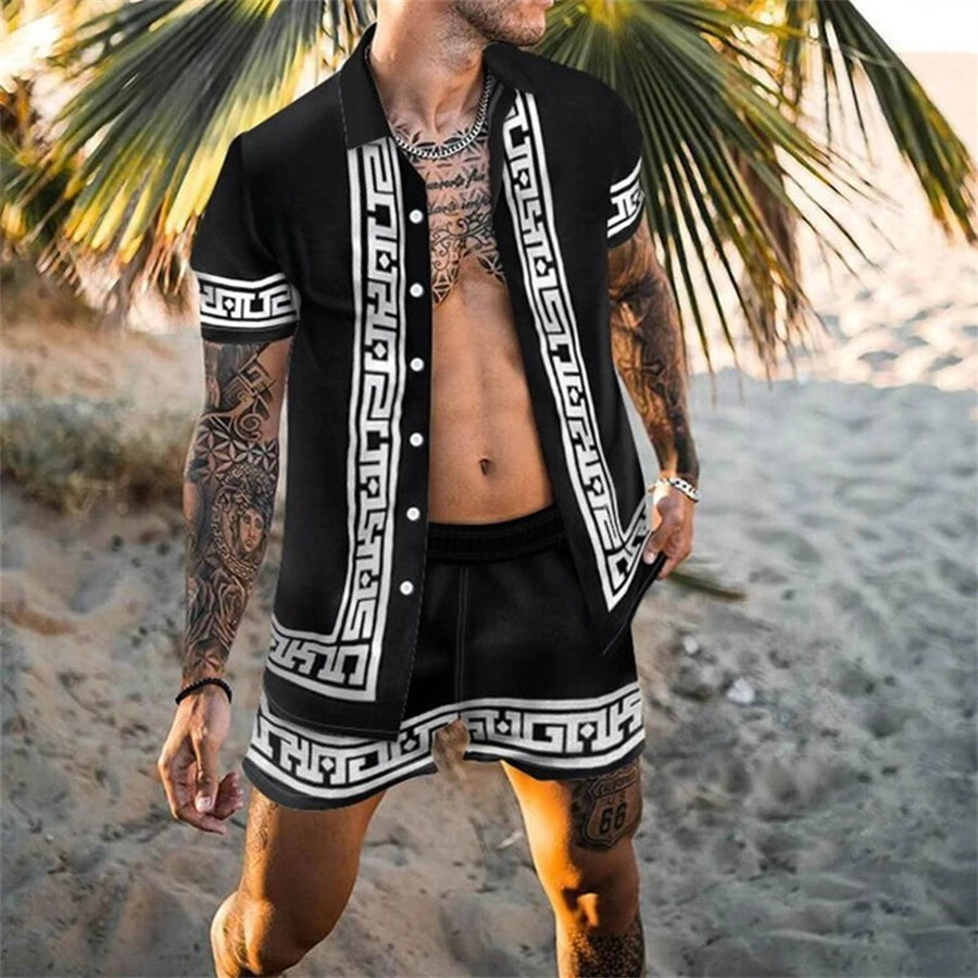 Men's Shirt Sets 3d Print Patchwork Lapel Short Sleeve Casual Shirt Beach Shorts Summer Streetwear Vacation Hawaiian Suits Men