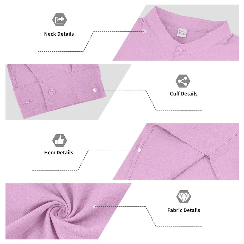 Summer Men's Linen Henry Long Sleeve T-Shirt  European and American Woven Solid Color Casual Polo Shirt