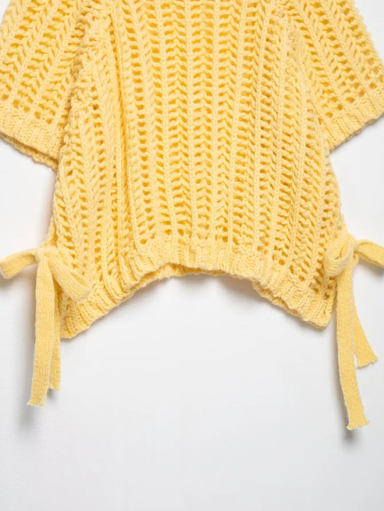 Hollow Out Knit Pullover Women Casual Round Neck Lace Up Bow Sweater Female Autumn Short Sleeves Solid Knitwears Lady