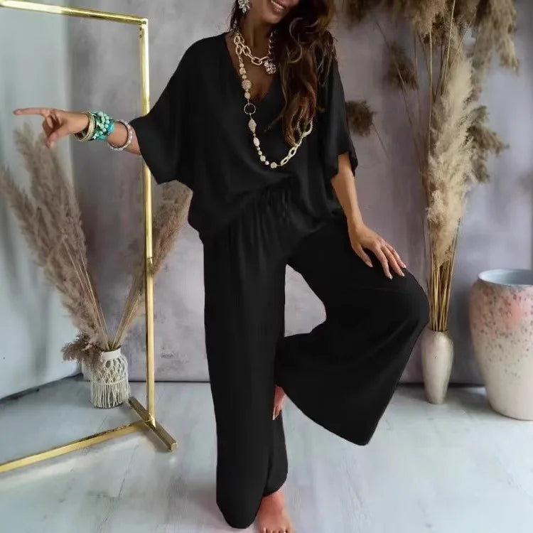 Loose Women Sets 2 pcs Sale V Neck Short Sleeve Blouse Shirts& High Waist Wide Leg Vacation Beachwear Pant Suits NMD-3032