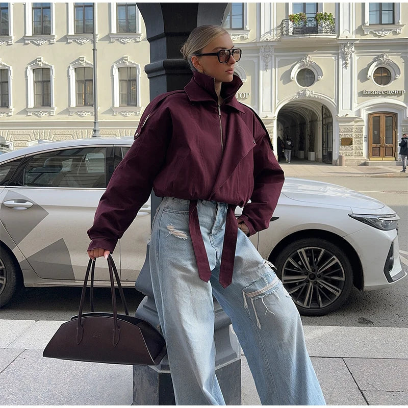 Fashion Wine Red Zipper Loose Overcoat Women Chic High Collar Long Sleeve Lace Up Elastic Waist Jacket Female Commute Daily Coat