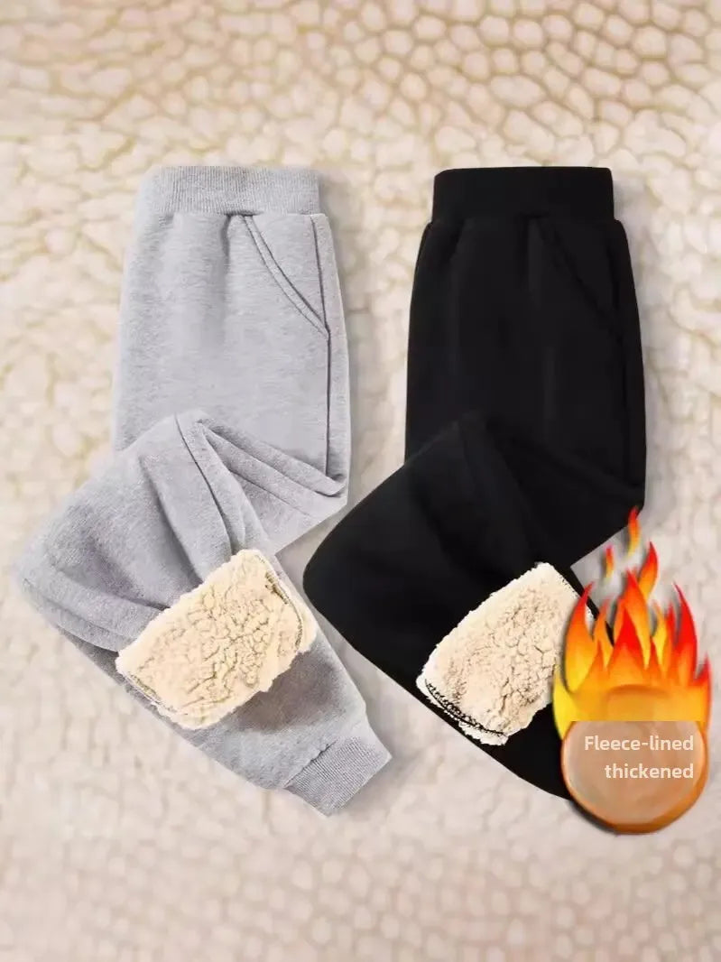 Kids Autumn/Winter Warm Solid Color Sports Long Pants Fleece-Lined Casual Trousers Mid to Large Child Fleece Pants