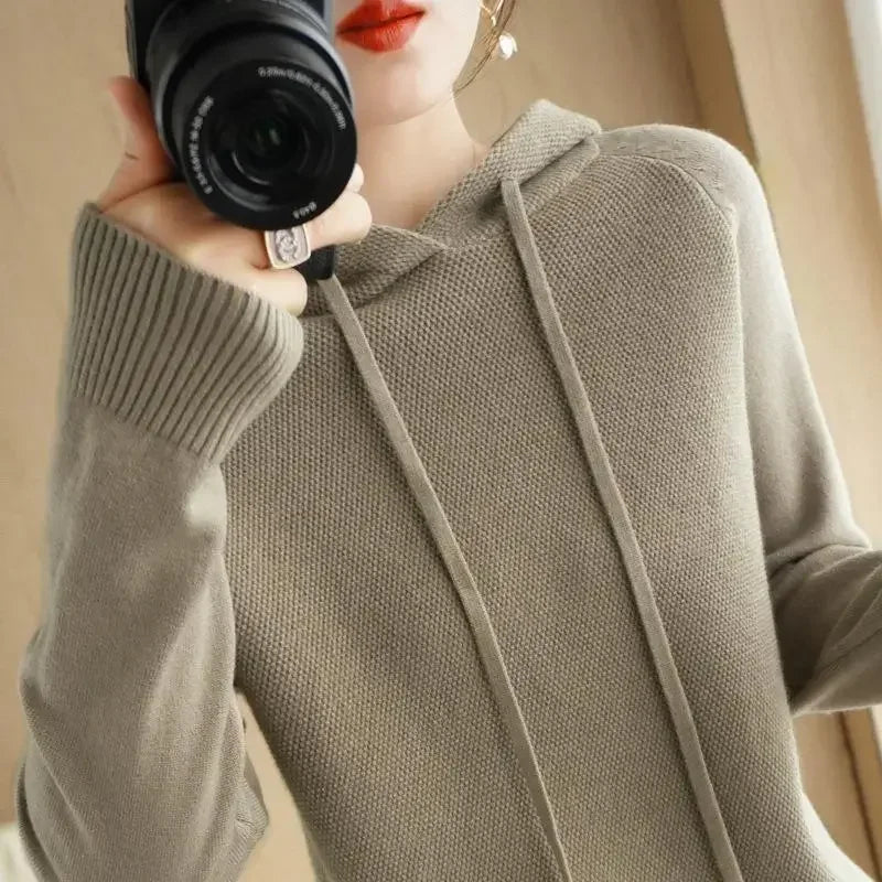 Hooded Sweater Woman Autumn Winter Long Sleeve Warm Bottoming Shirt Solid Casual Pullovers Knit Tops Korean Fashion Jumper 2025