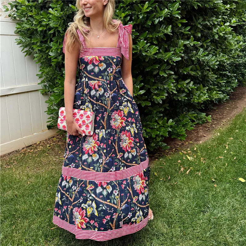 hirigin Women Summer Boho Maxi Dress Vintage Floral Tie Shoulder Flowy Long Dress Square Neck Ruffle Tiered Beach Sundress