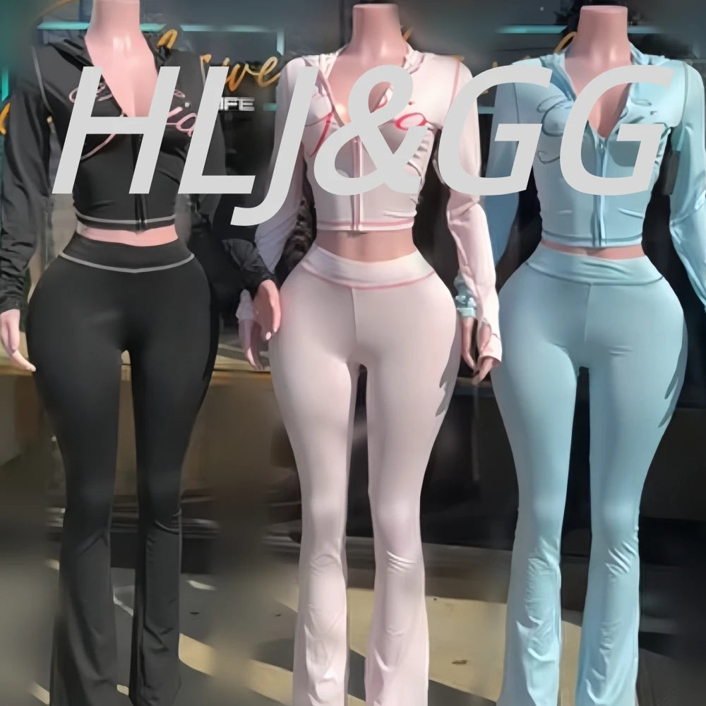 HLJ Fashion Ins Letter Print Hooded Two Piece Sets Women Zipper Long Sleeve Crop Top And Skinny Pants Outfit Y2K 2pcs Streetwear