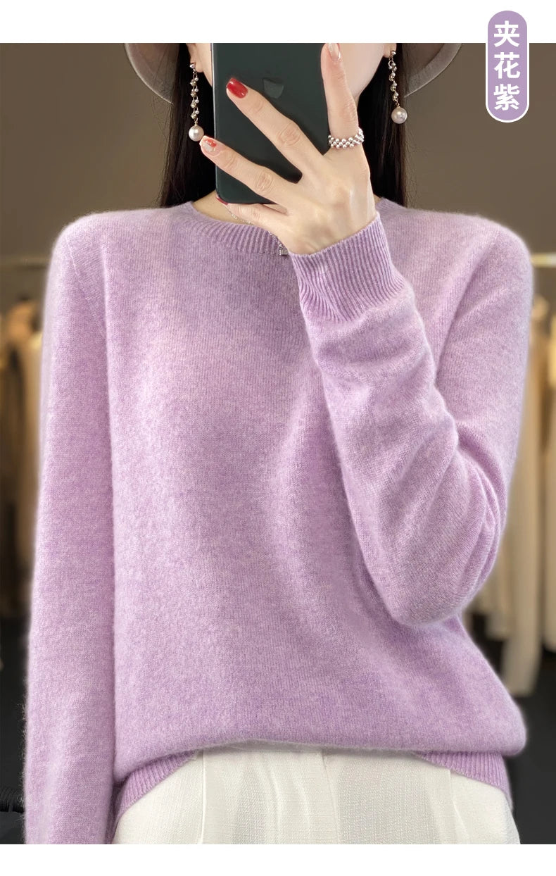 100% Merino Wool Sweater Women O-neck Cashmere Knitwear Female Pullover Autumn Winter Casual Tops Solid Color Soft  Clothing