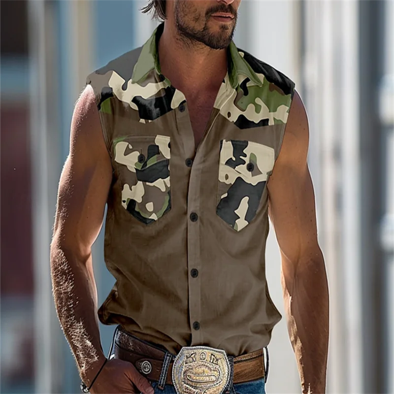 New Hawaiian Men's Sleeveless Shirt Coconut Print Simple Fashion Breathable Shirt Flap Collar Shirt