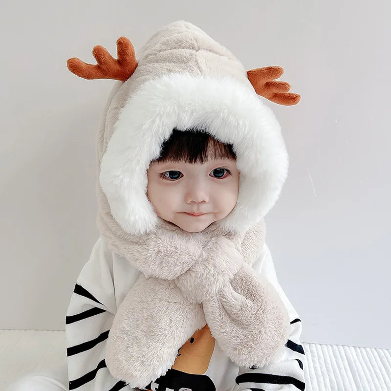 Winter Baby Hat Scarf One-Piece Faux Fur Baby Bonnet Infant Cap Kids Hats for Girls Boys Ears Neck Warmer Children Beanie 6-30M
