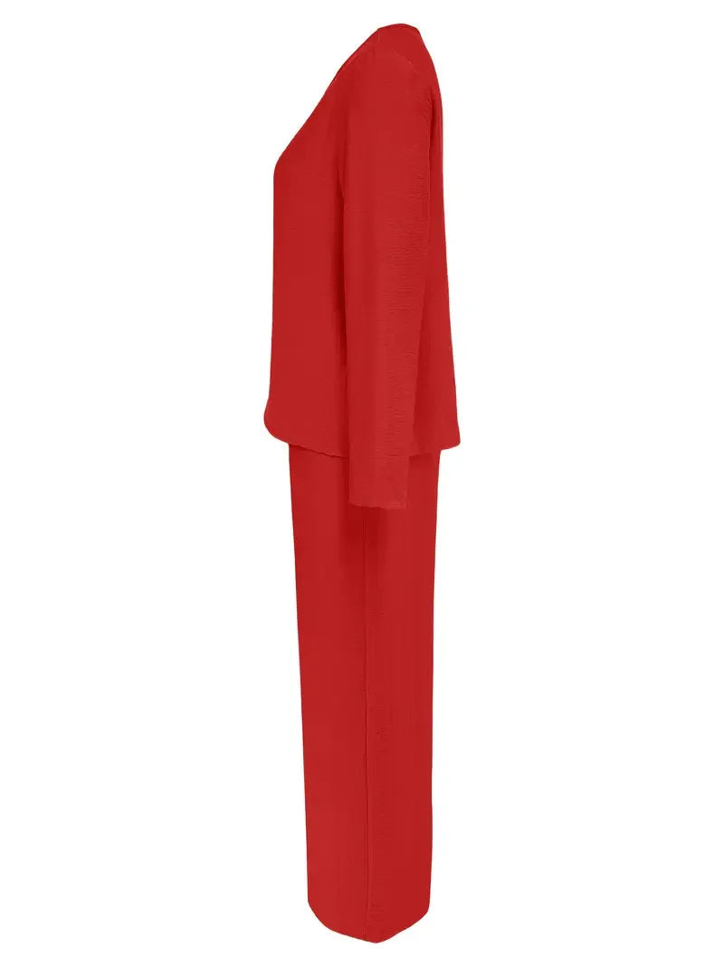 Solid Color Casual V-neck Trousers Women's 2piece Set Spring Autumn New Fashion Pocket Straight Trousers Female Office Suit 2025