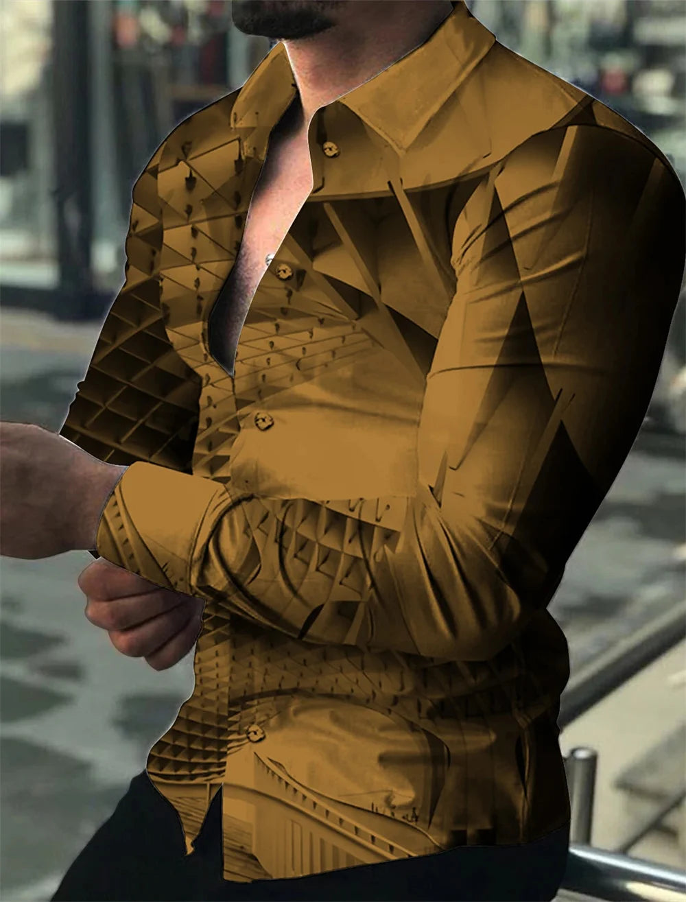 Men's shirt with gold pattern print, white, black, red long sleeved lapel button up shirt, fashionable casual top, plus size