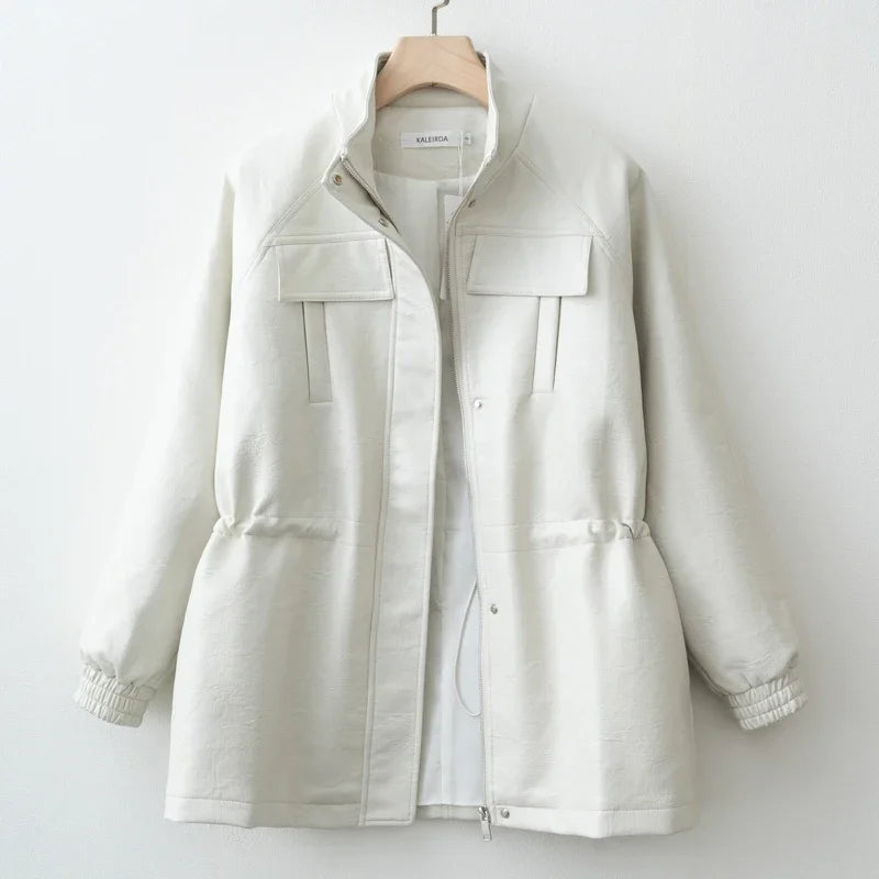 Women Fashion 2025 Fall / Autumn Pu Leather Jacket with Elastic adjustable waist Female Coat and Outerwear