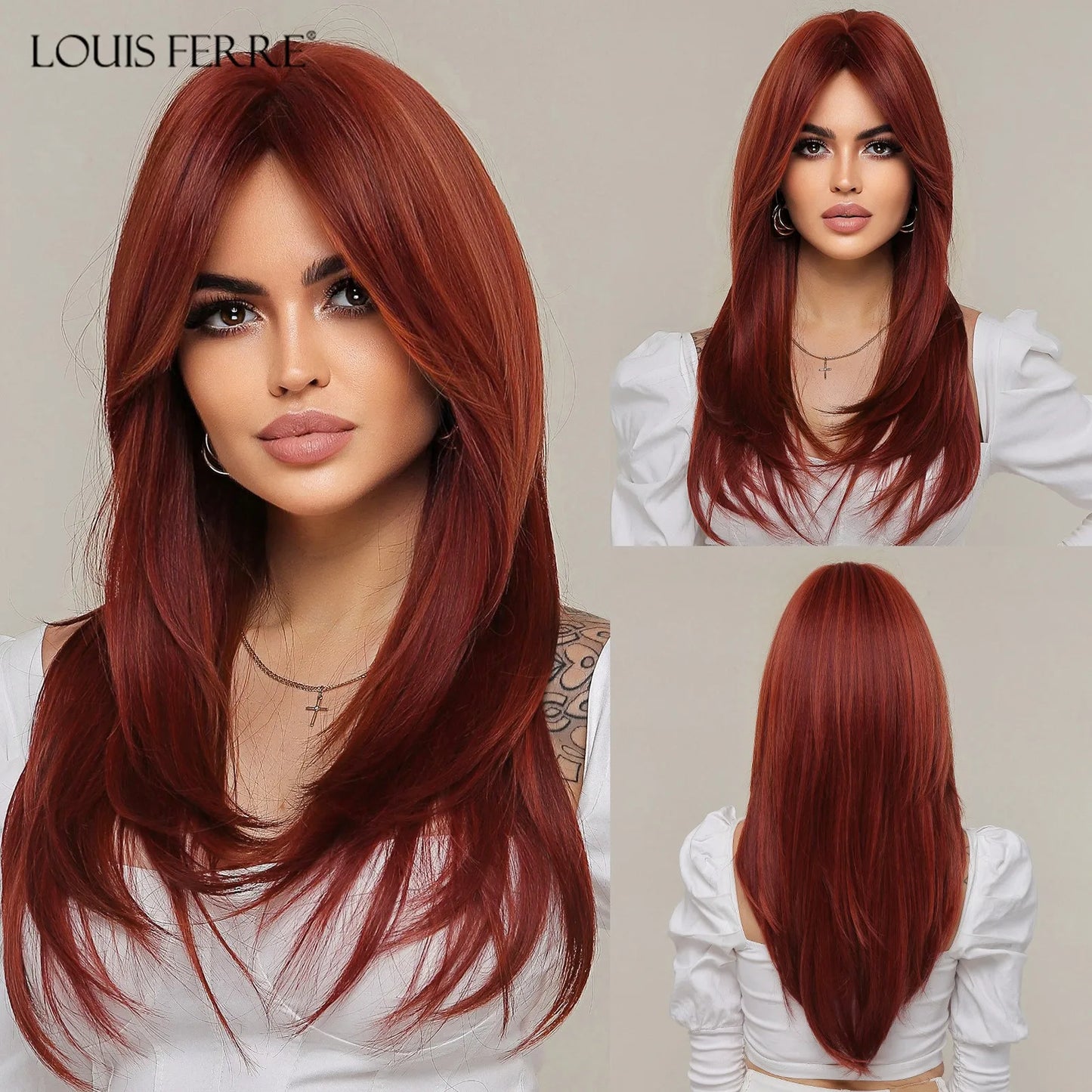 LOUIS FERRE Black Pink Ombre Synthetic Wigs for Cosplay Long Straight Layered Wigs with Bangs for Women Heat Resistant Fake Hair