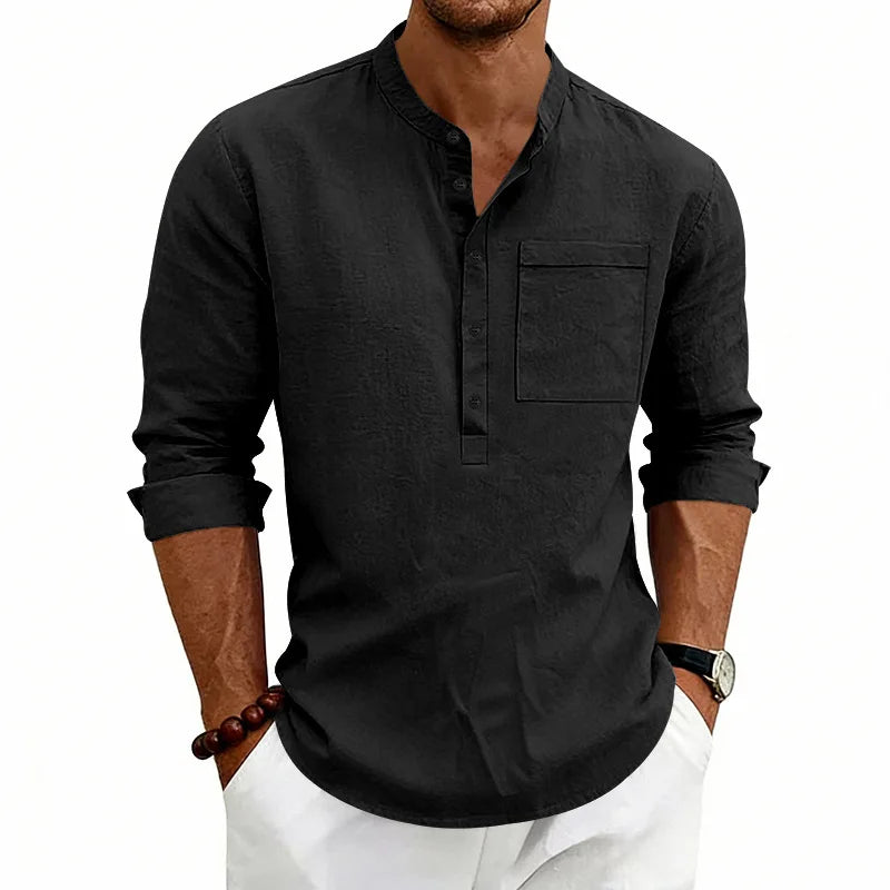 Summer Men's Linen Henry Long Sleeve T-Shirt  European and American Woven Solid Color Casual Polo Shirt