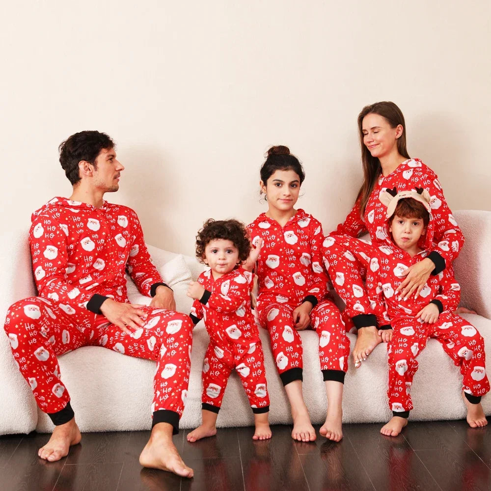 Christmas Gift Mother Father Kids Matching Outfits Cute Deer Ear Hooded Romper Overall Soft Loose One-Piece Pajamas Family Look