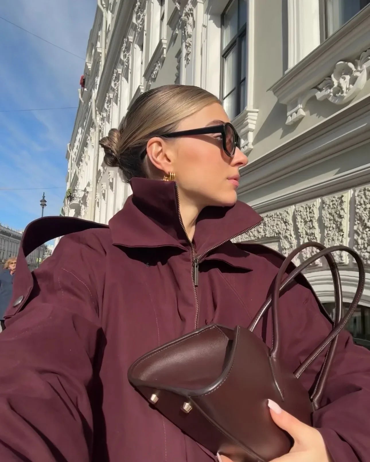 Fashion Wine Red Zipper Loose Overcoat Women Chic High Collar Long Sleeve Lace Up Elastic Waist Jacket Female Commute Daily Coat