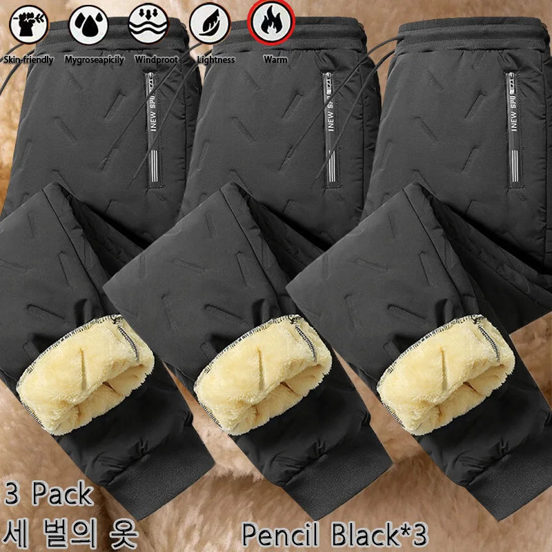 3 Pack Winter Men Plush Thick Fleece Waterproof Pants Windproof Casual Pants Warm Pants Lambswool Thermal Trousers Outerwear