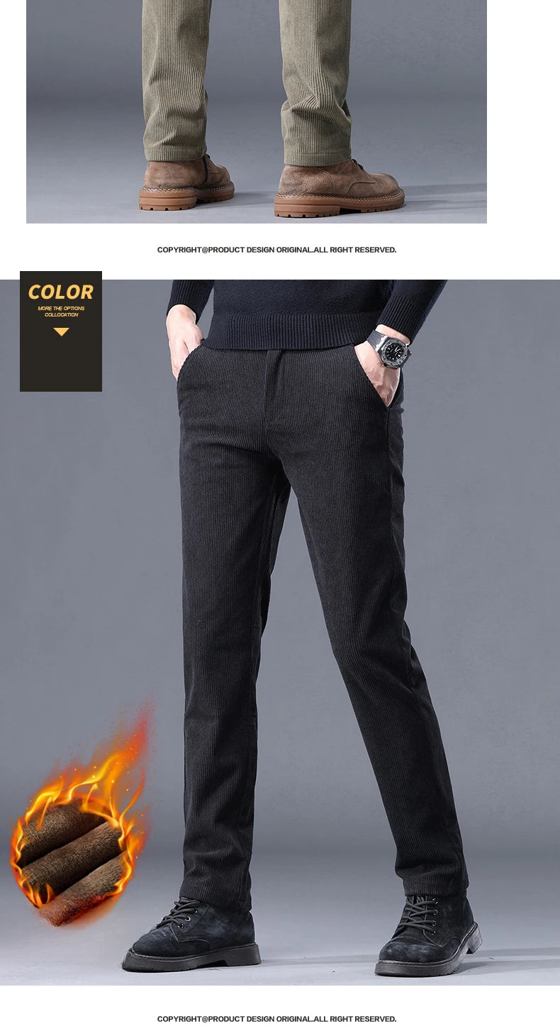 Khaki Black Gray Fleece Men's Corduroy Casual Pants Chenille Thick Stretch Business Trousers Mid-rise Brand Winter Thermal Pants