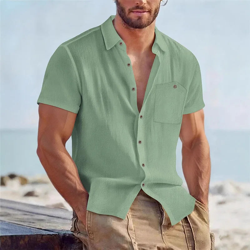 Men's Casual Linen Blend Shirt Short Sleeve Turn Down Collar Button Up Lightweight Breathable Beach Tunic Tops