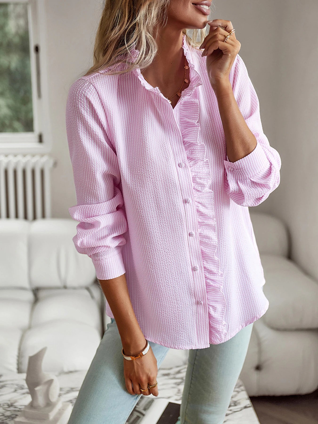 New Style 2024 temperament commuter blouse cardigan ruffled long-sleeved puffy-sleeved shirt blouse woman