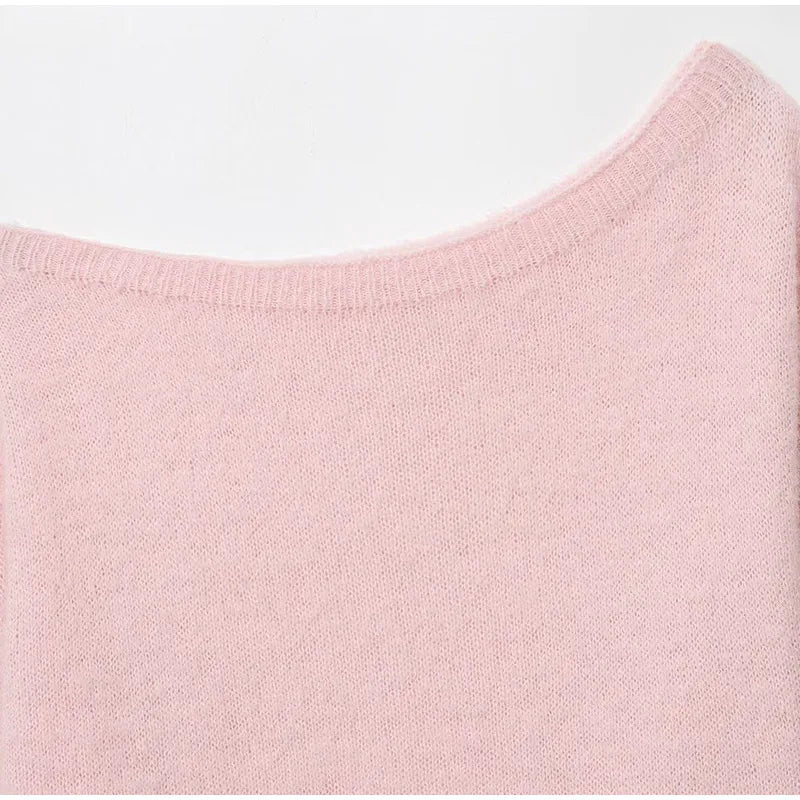 Women Solid Off Shoulder Pullover Fashion Classic Full Sleeve Loose Knitted Mohair Knitwear Lady High Street Autumn Sweaters