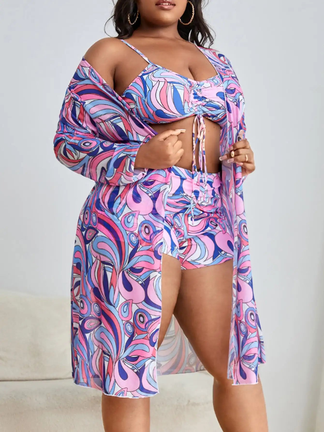 3 Pieces Large Size Bikini 2025 Printed Swimsuit Women & Kimono Drawstring Front Swimwear Female Bathing Swimming Suit Beachwear