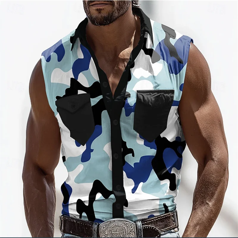 New Hawaiian Men's Sleeveless Shirt Coconut Print Simple Fashion Breathable Shirt Flap Collar Shirt