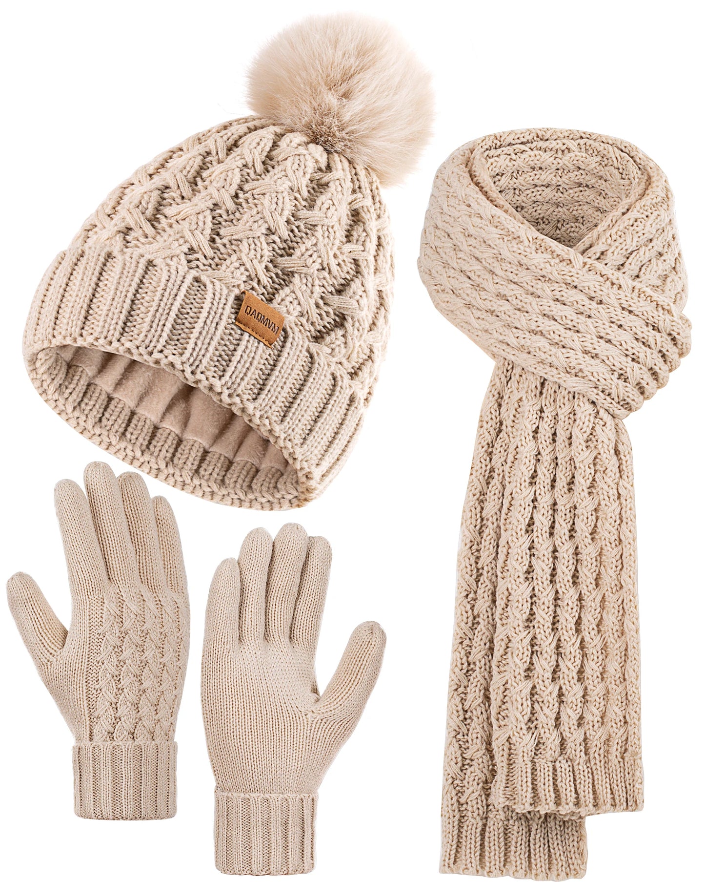 Womens Winter Beanie Hat Touchscreen Gloves Long Neck Scarf Set Warm Knit Caps