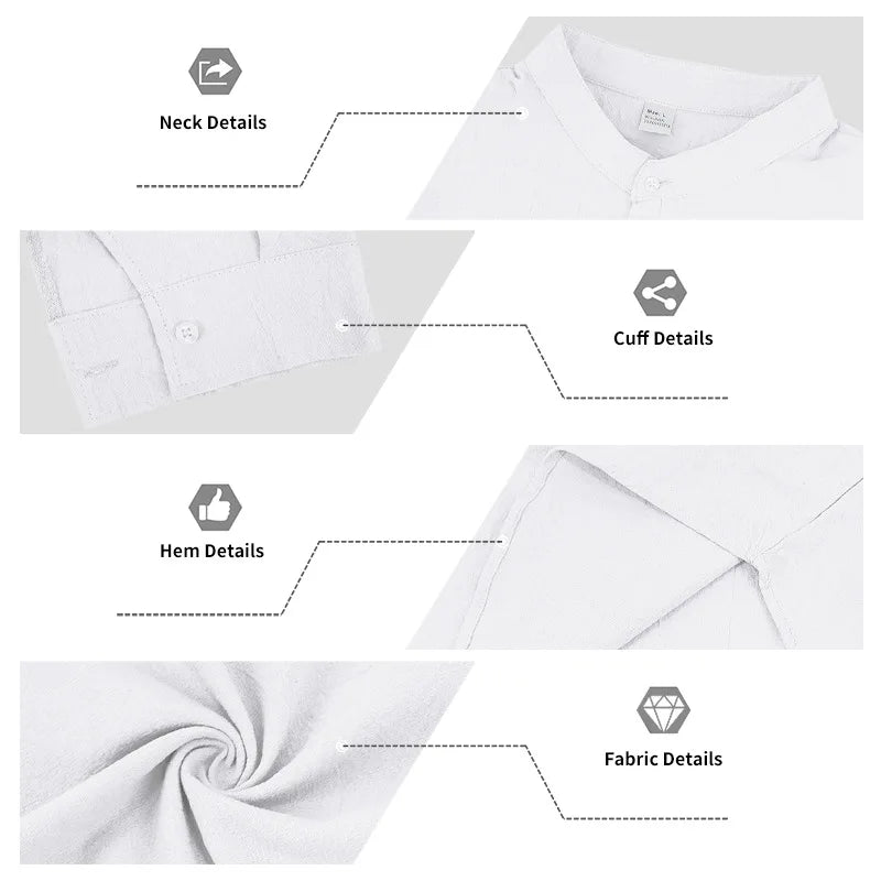 Summer Men's Linen Henry Long Sleeve T-Shirt  European and American Woven Solid Color Casual Polo Shirt