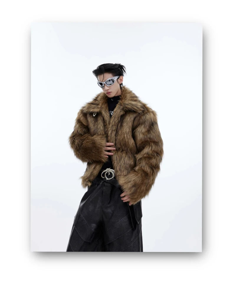 Mauroicardi Winter Short Thick Warm Brown Hairy Soft Faux Fur Coat Men with Turn-down Collar Long Sleeve Fluffy Jackets 2024