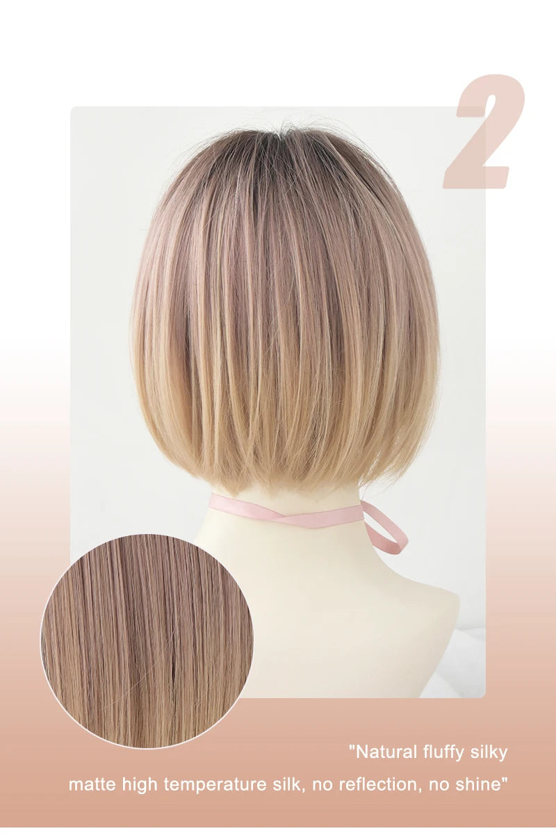 Pixie Cut Wigs Synthetic Short Straight Pink Brown Bob Wigs with Dark Roots High Density Layered Hair Wigs with Curtain Bangs