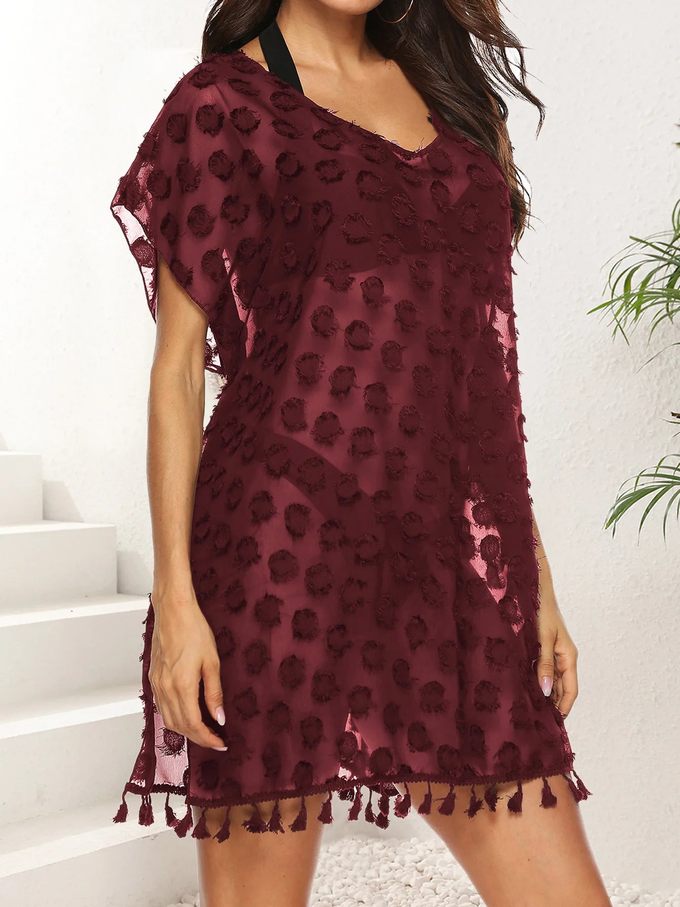 VigoCasey Sexy Women Solid Tassels Bikini Cove Up Short Sleeve Loose Lady Beach Dress Female Brazilian Swimsuit Cover-Ups