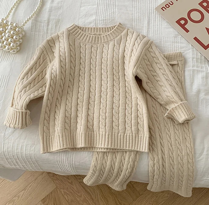 Autumn Spring Korean Style Kids Knitted Clothing Set Long Sleeved Solid Color Knitted Pullover+Pants Baby Girl Clothes Suit