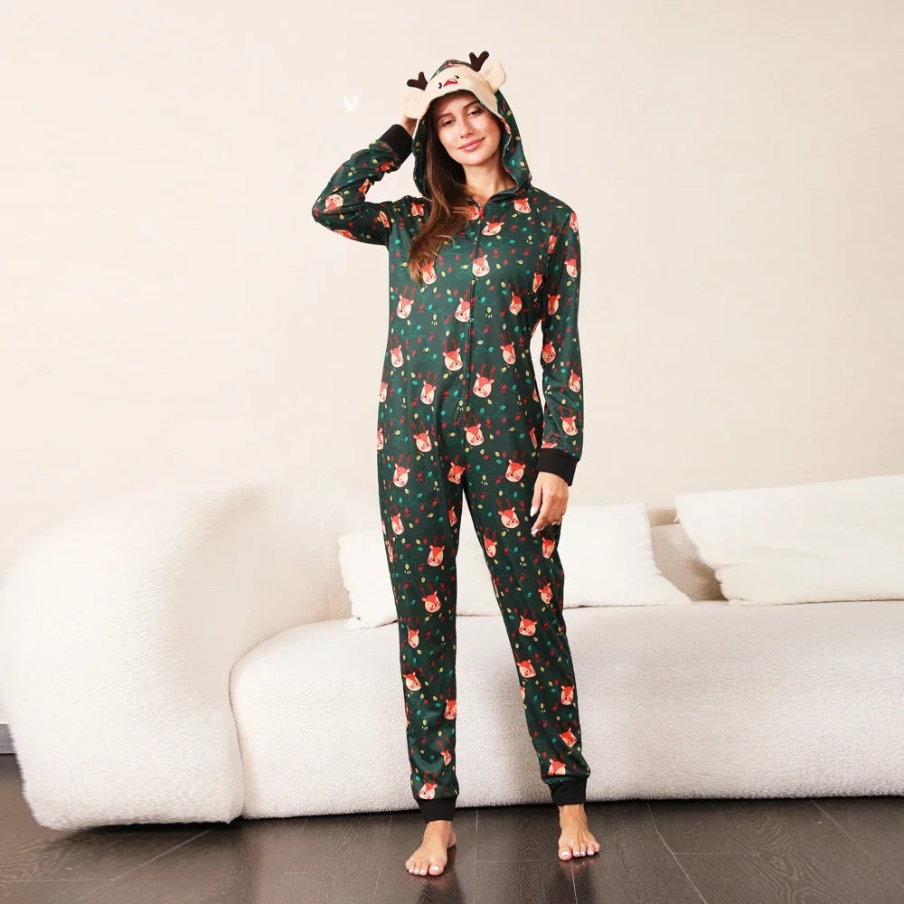 Christmas Gift Mother Father Kids Matching Outfits Cute Deer Ear Hooded Romper Overall Soft Loose One-Piece Pajamas Family Look